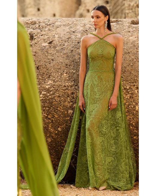 Georges Hobeika Green Embroidered Lace Maxi Dress