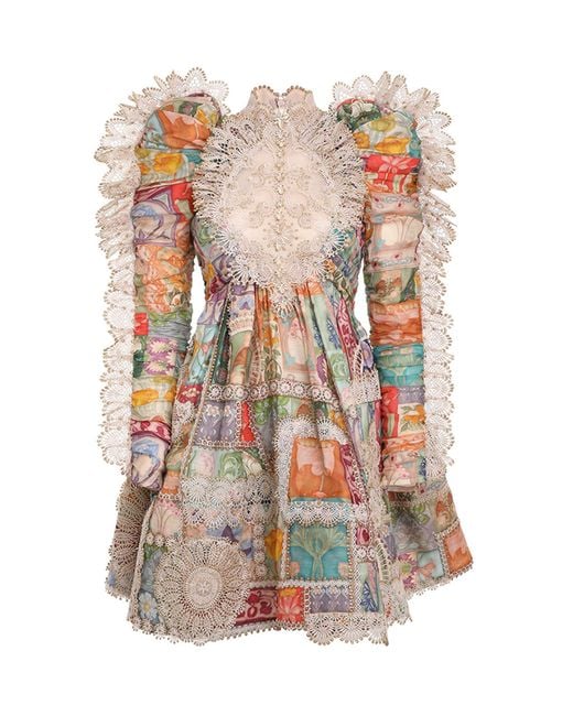 Zimmermann Pink Cosmic Zodiac Doily Linen-Silk Mini Dress