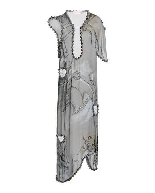 Victoria Beckham Gray Asymmetrical Bubble-Trim Midi Dress