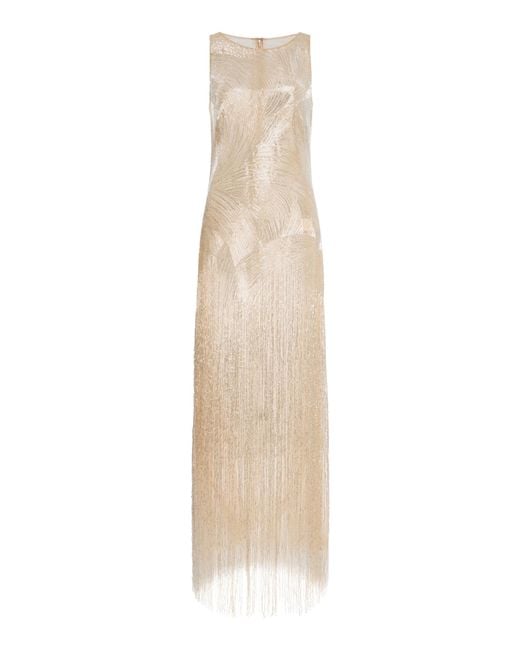 Oscar de la Renta Natural Metallic-Fringed Gown