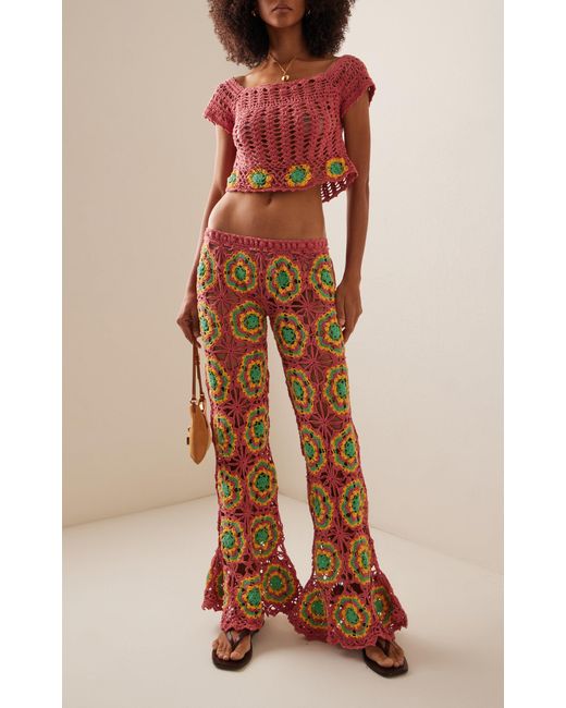 Akoia Swim Red Exclusive Crocheted Cotton Top And Pant Set