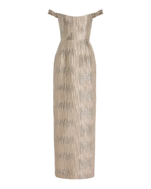 Markarian Natural Yolanda Off-The-Shoulder Brocade Gown