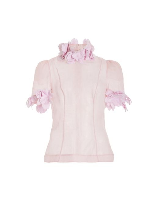 Zimmermann Pink High Tide Flower Linen-silk Top