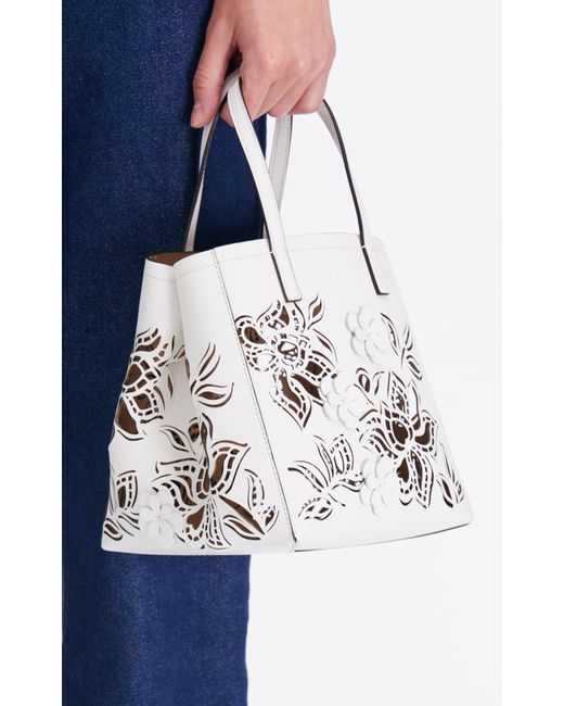 Oscar de la Renta White Small Lasercut-floral Leather Tote Bag