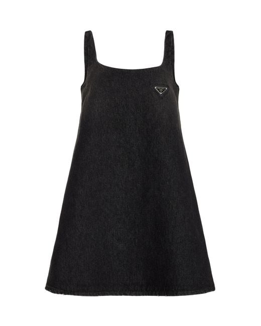Prada Washed Denim Mini Dress in Black | Lyst