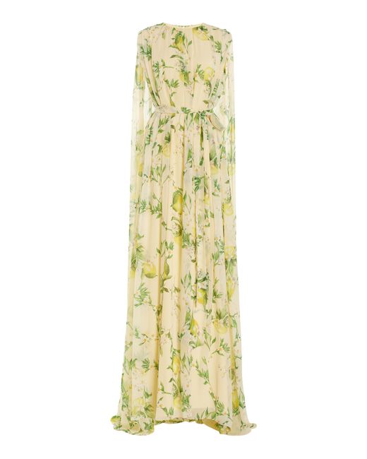 Monique Lhuillier Yellow Floral Printed Chiffon Silk Sheath Gown