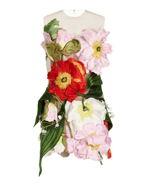 Oscar de la Renta White Painted Poppies Floral-appliquéd Mini Dress