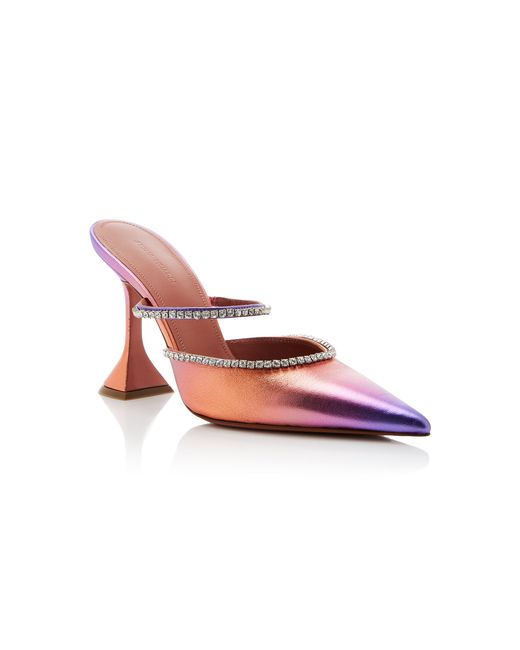 AMINA MUADDI Pink Gilda Crystal-embellished Metallic Leather Mules