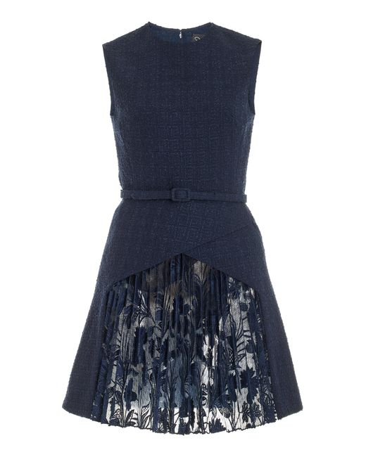 Oscar de la Renta Blue Pleated Wool-tweed Mini Dress