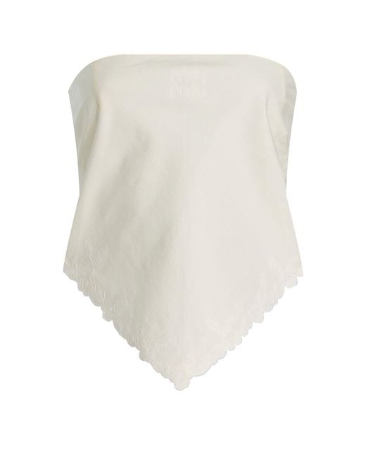 Miu Miu White Strapless Embroidered Cotton-Linen Bandana Top