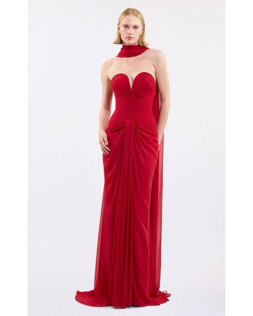 Elie Saab Red Drape-Detailed Silk-Blend Maxi Dress