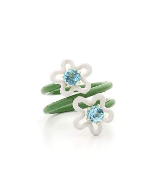 Bea Bongiasca Green 9Kt Double Flower Ring With Hand-Painted And Enamel