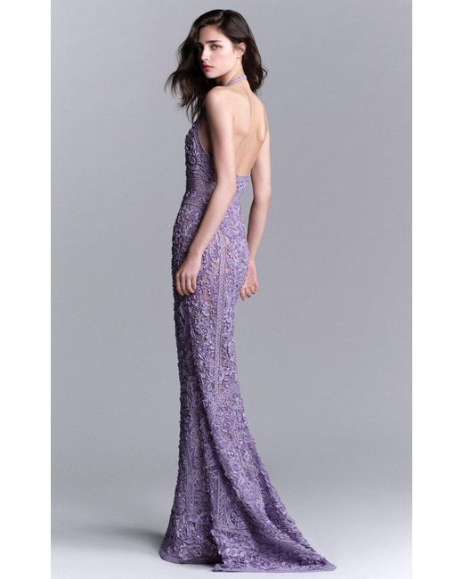 Elie Saab Purple Embroidered Silk-Blend Gown