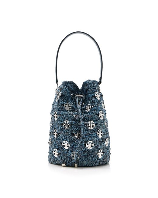 Rabanne Blue Hardware-Detailed Woven Raffia Bucket Bag