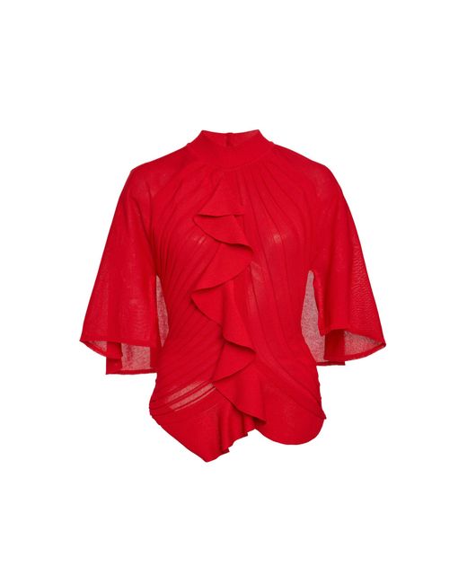 Lanvin Red Cotton-Silk Ruffle Detail Top