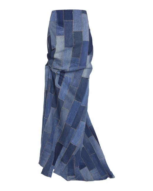 A.W.A.K.E. MODE Blue Gathered Patchwork Denim Maxi Skirt