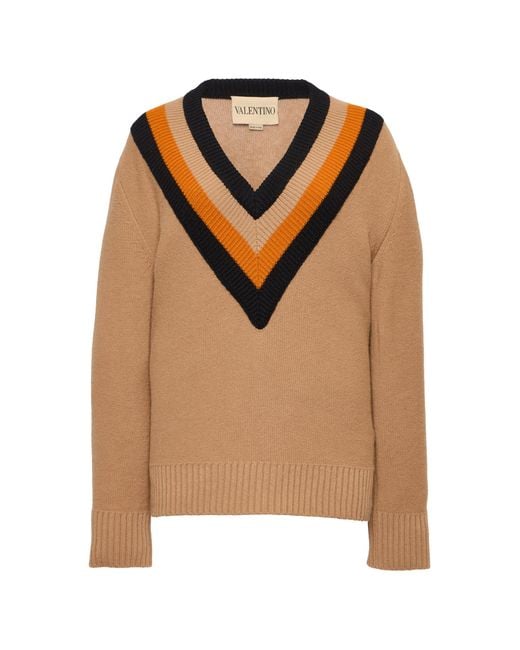 Valentino Garavani Brown Chevron-Detailed Virgin Wool Sweater