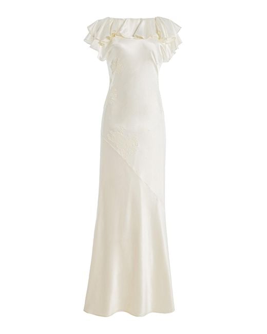 De La Vali White Amancia Ruffled Silk-Blend Satin Maxi Dress