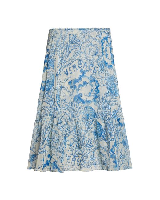 Versace Blue La Vacanza Printed Techno Creponne Midi Skirt