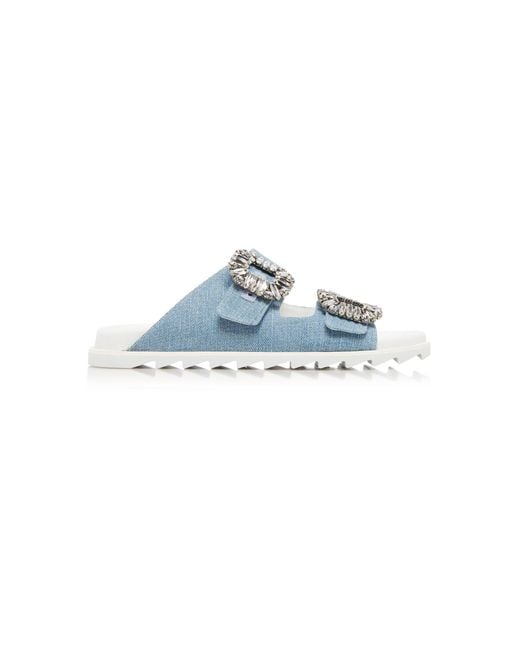 Roger Vivier Blue Slidy Viv' Embellished Denim Sandals