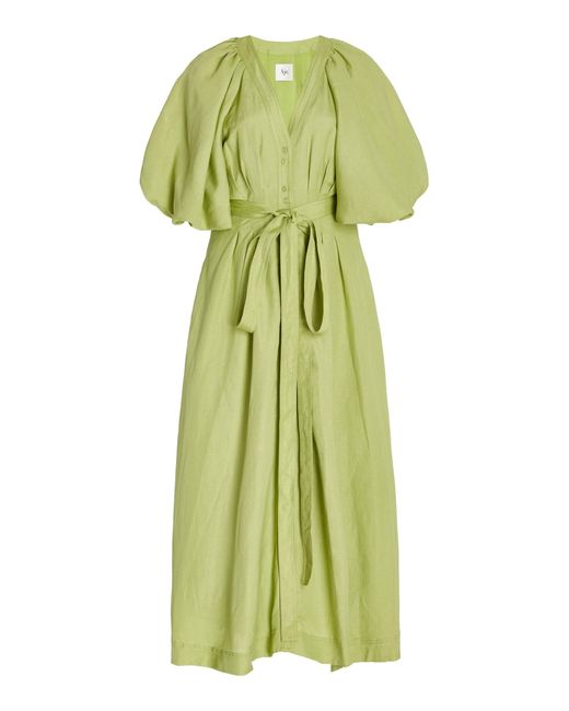 Aje. Green Evermore Belted Linen-blend Maxi Shirt Dress