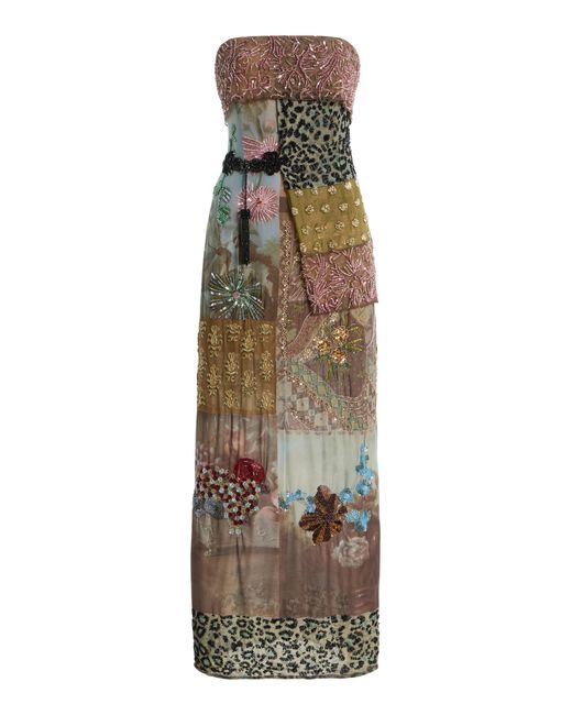 Staud Natural Chateau Beaded Patchwork Chiffon Midi Dress