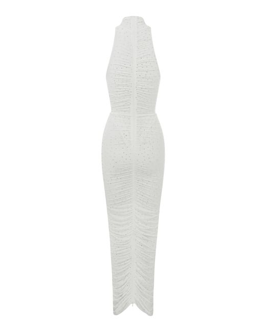 Alex Perry Turtleneck Ruched Crystal Jersey Column Dress in White