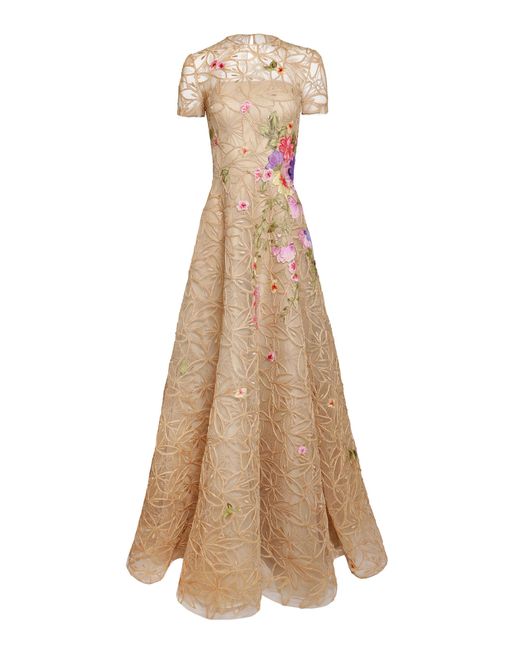 Naeem Khan Natural Appliqué Illusion Raffia Tulle-Blend Gown