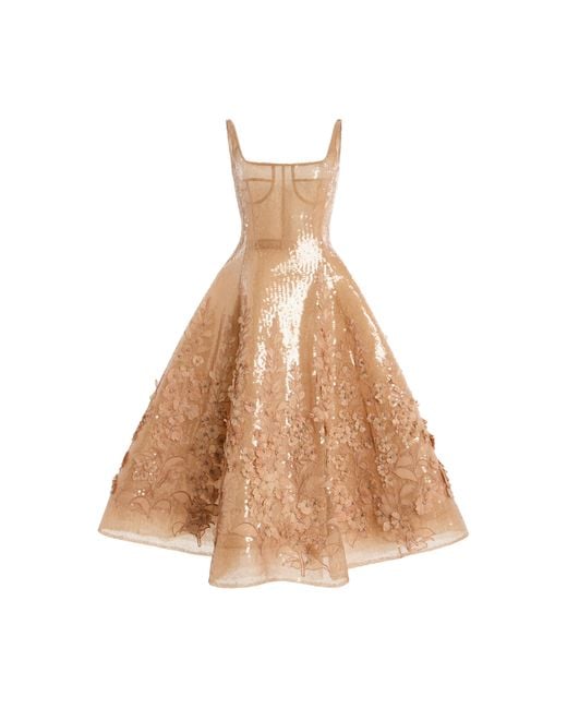 Oscar de la Renta Natural Sequined Cocktail Dress