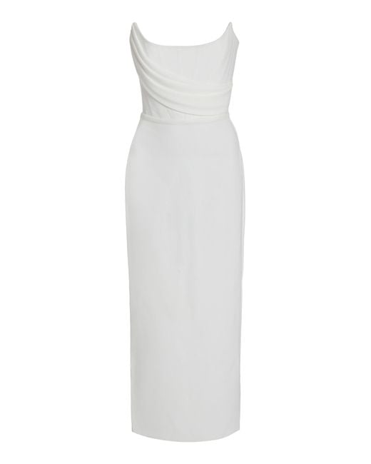 Alex Perry White Exclusive Ryland Draped Stretch Crepe Strapless Midi Dress