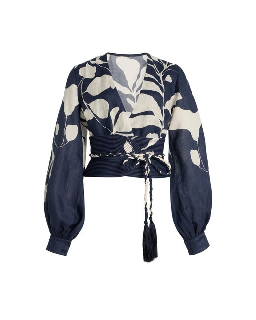 ANDRES OTALORA Black La Postale Belted Botanical Linen Balloon-sleeve Top