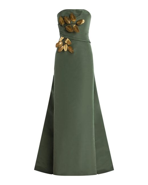 Oscar de la Renta Green Leaf Detailed Silk Gown