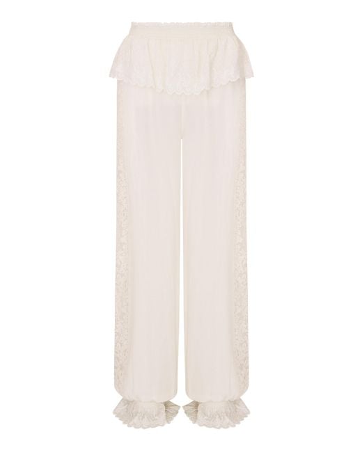 LoveShackFancy White Clyra Ruffled Silk Straight-Leg Pants