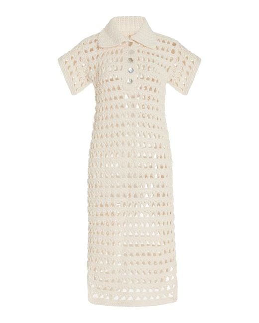 Nia Thomas White Penelope Crocheted Cotton Polo Midi Dress