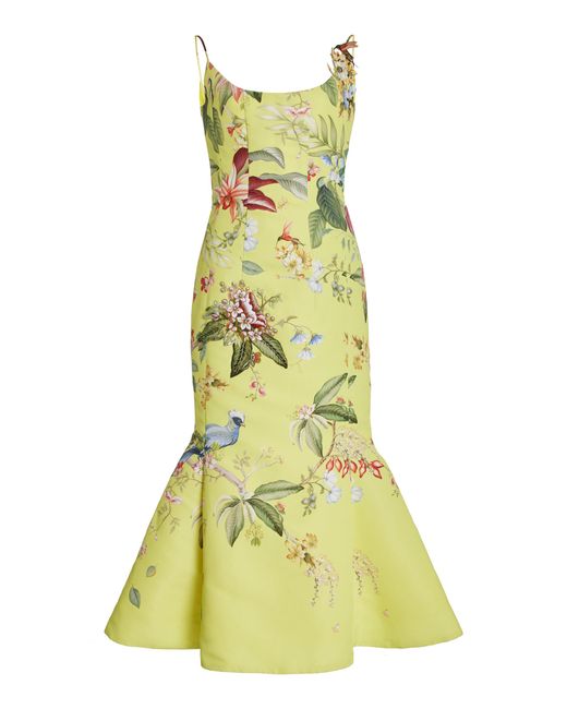 Oscar de la Renta Yellow Floral & Fauna Flared Midi Dress