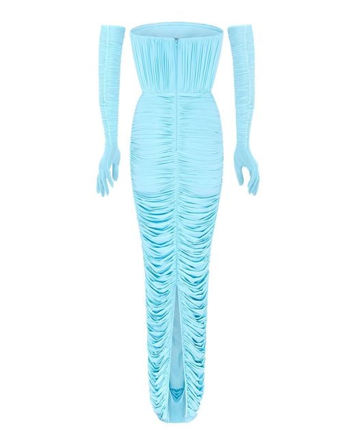 Alex Perry Blue Padget Gloved Ruched Mesh Gown