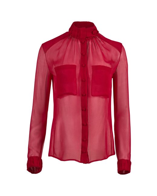 Carolina Herrera Red Mock Neck Silk Chiffon Top