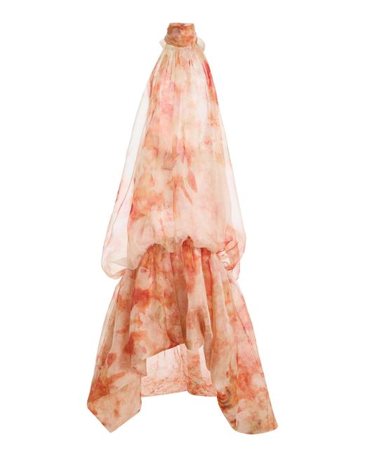Atelier Prabal Gurung Pink Floral Print Silk Organza Open-Back Cocoon Halter Dress