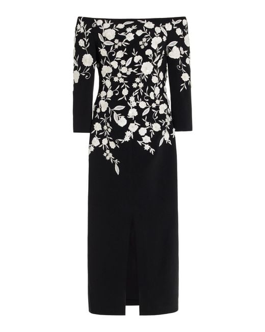Carolina Herrera Black Embroidered Off-the-shoulder Cady Dress
