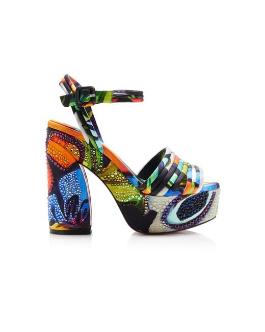 Christian Louboutin Blue Exclusive Riviera Jane Disco Crystal-Embellished Printed Satin Platform Sandals