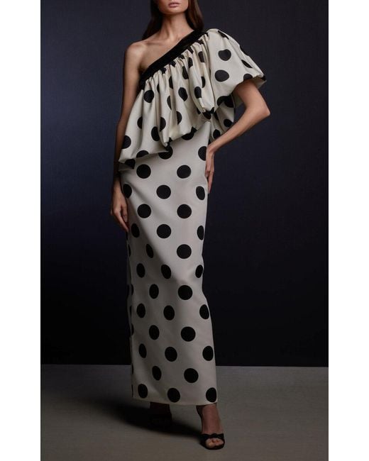 ‎Dima Ayad White Single-Shoulder Polka Dot Dress