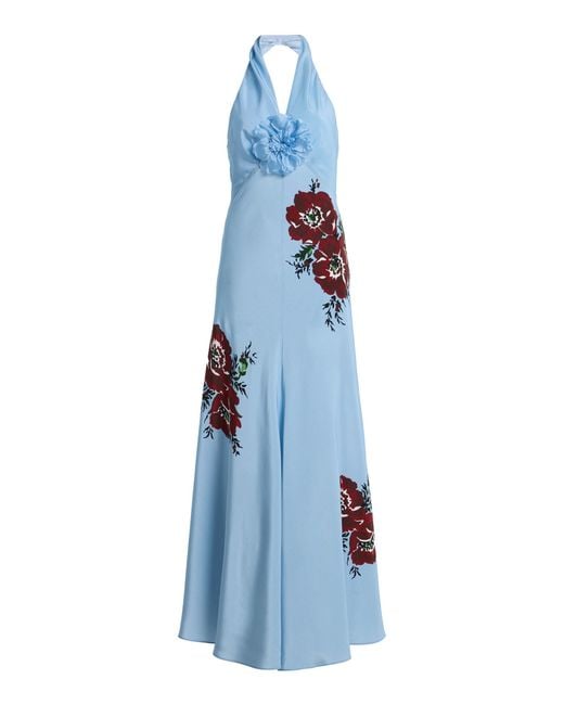 Rodarte Blue Exclusive Floral Silk-crepe Maxi Halter Dress