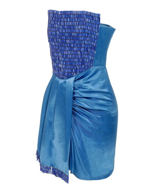 RAISA & VANESSA Blue Crystal Embroidered Satin Mini Dress