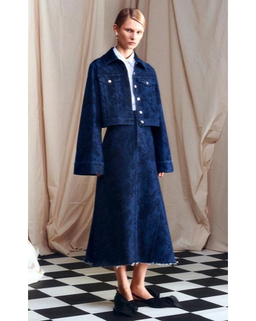 Erdem Blue Raw-edge Floral Denim Midi Skirt