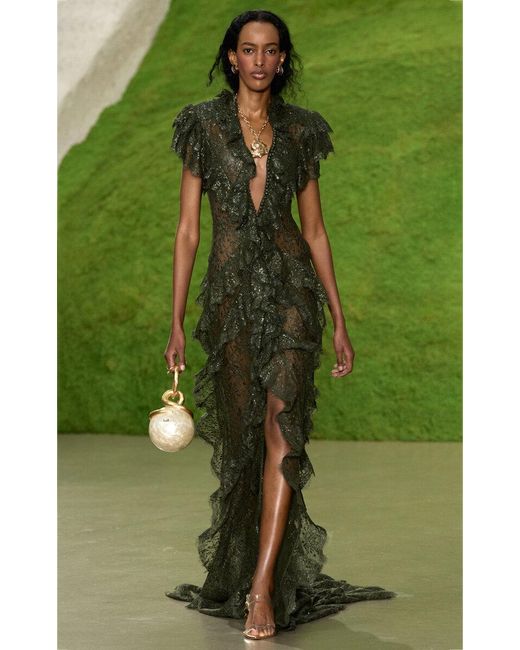 Cult Gaia Green Mignonette Metallic Lace Gown