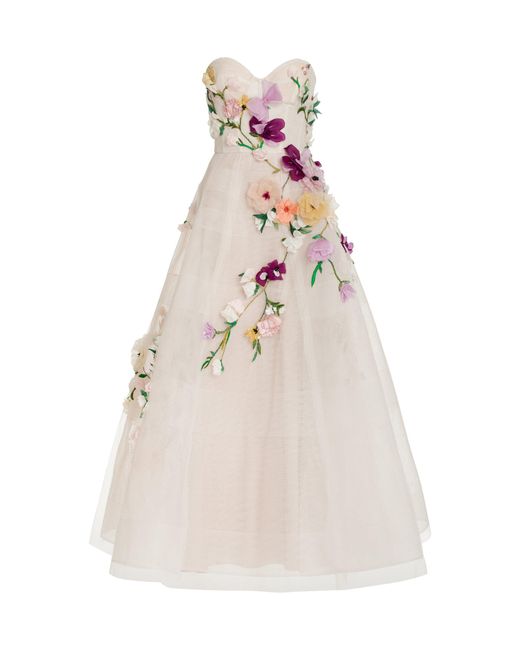 Monique Lhuillier Natural Embroidered Corseted Cocktail Dress