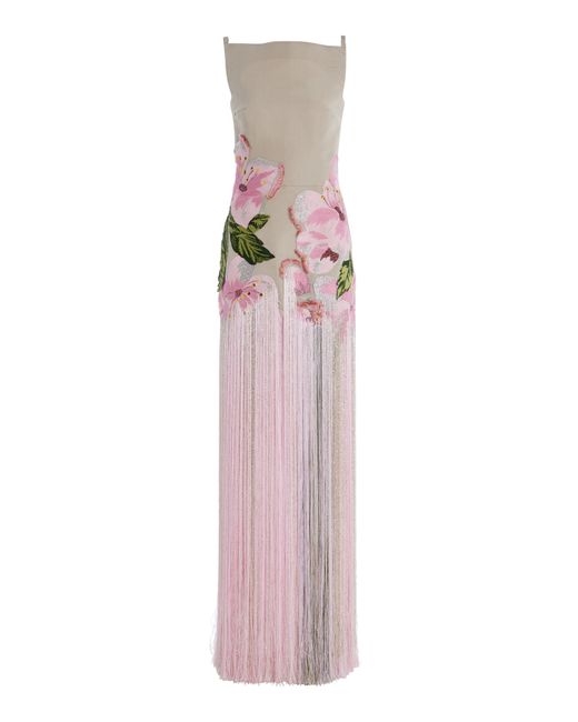 Oscar de la Renta Pink Fringed Embroidered Faille Gown