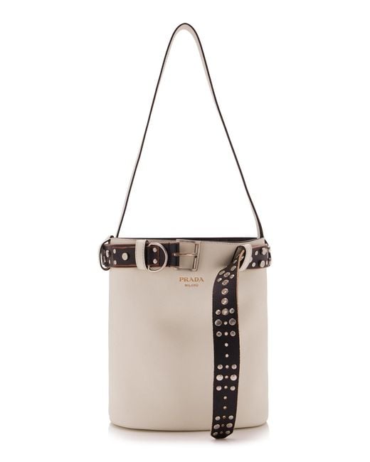 Prada White Buckle Leather Bucket Bag