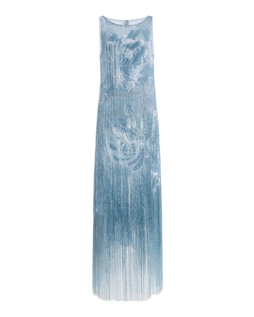 Oscar de la Renta Blue Embroidered Fringed Gown