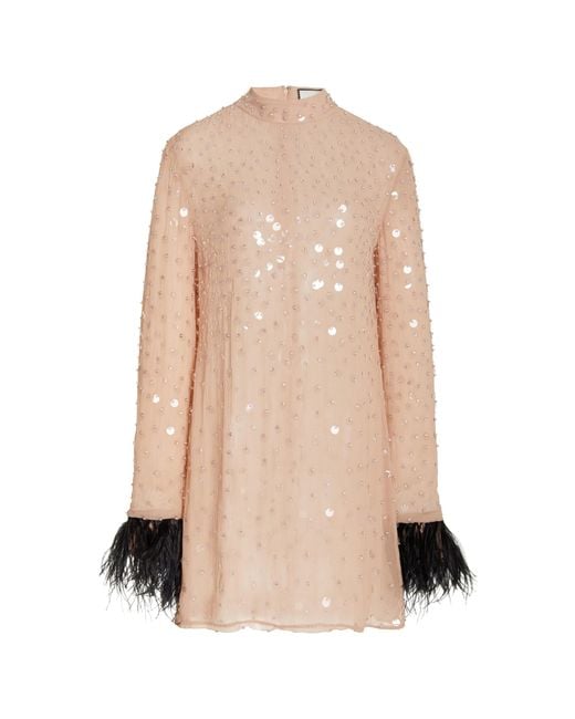 Alexis Pink Lazar Feather-trimmed Sequined Silk Chiffon Mini Dress
